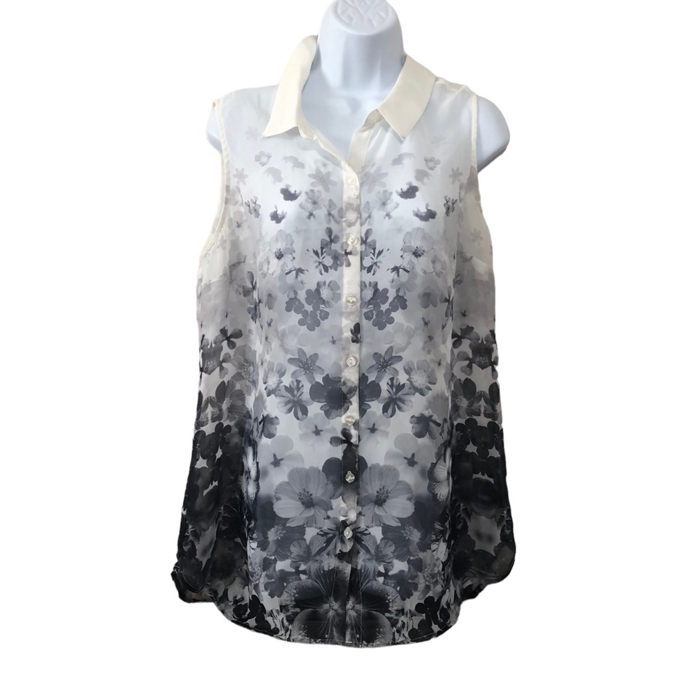 Suzy Shier Semi Sheer Polyester Chiffon Gray Floral Sleeveless Blouse Size L
